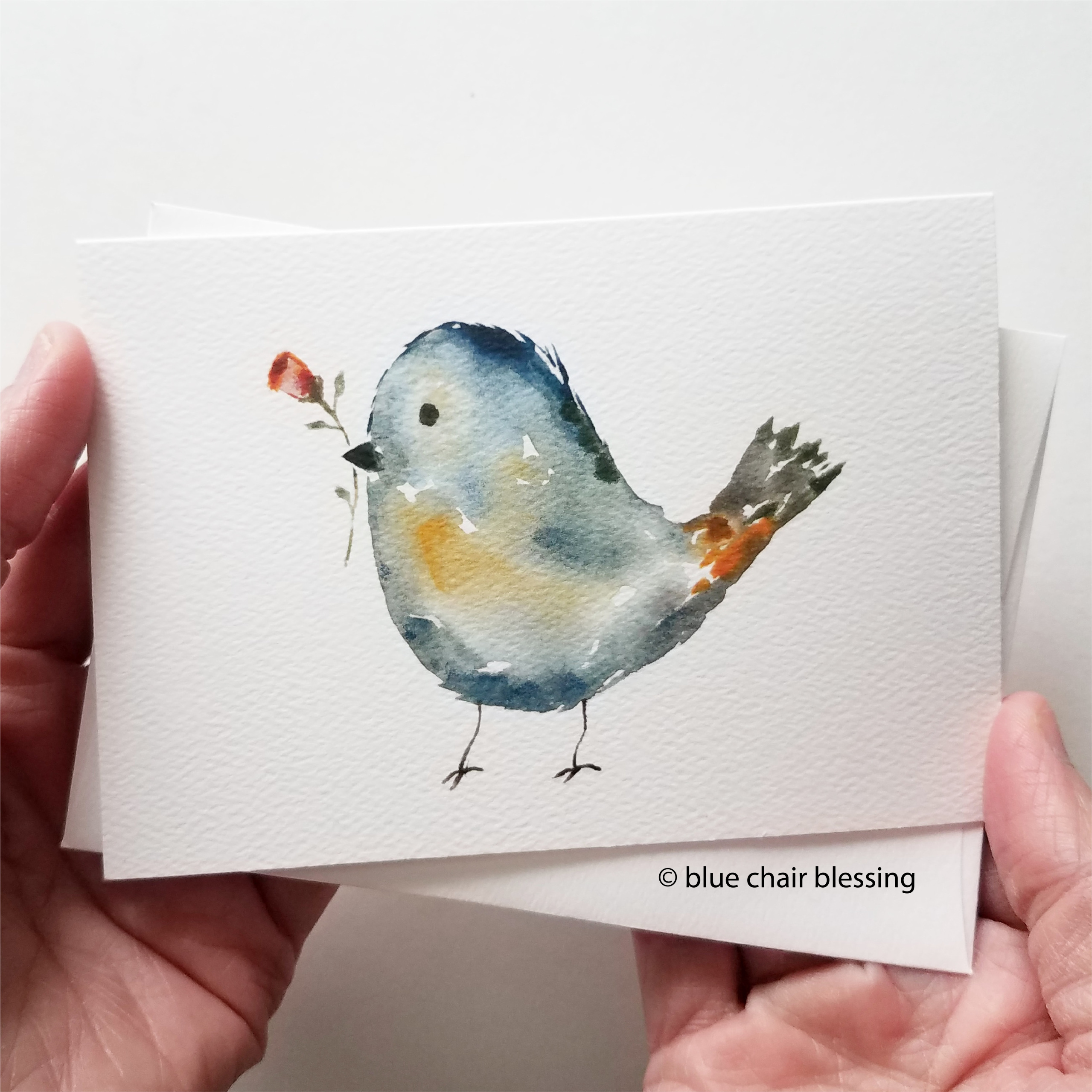Watercolor painted bird, blank folded notecards. Set of 8 small cards with  envelopes. All the same design.