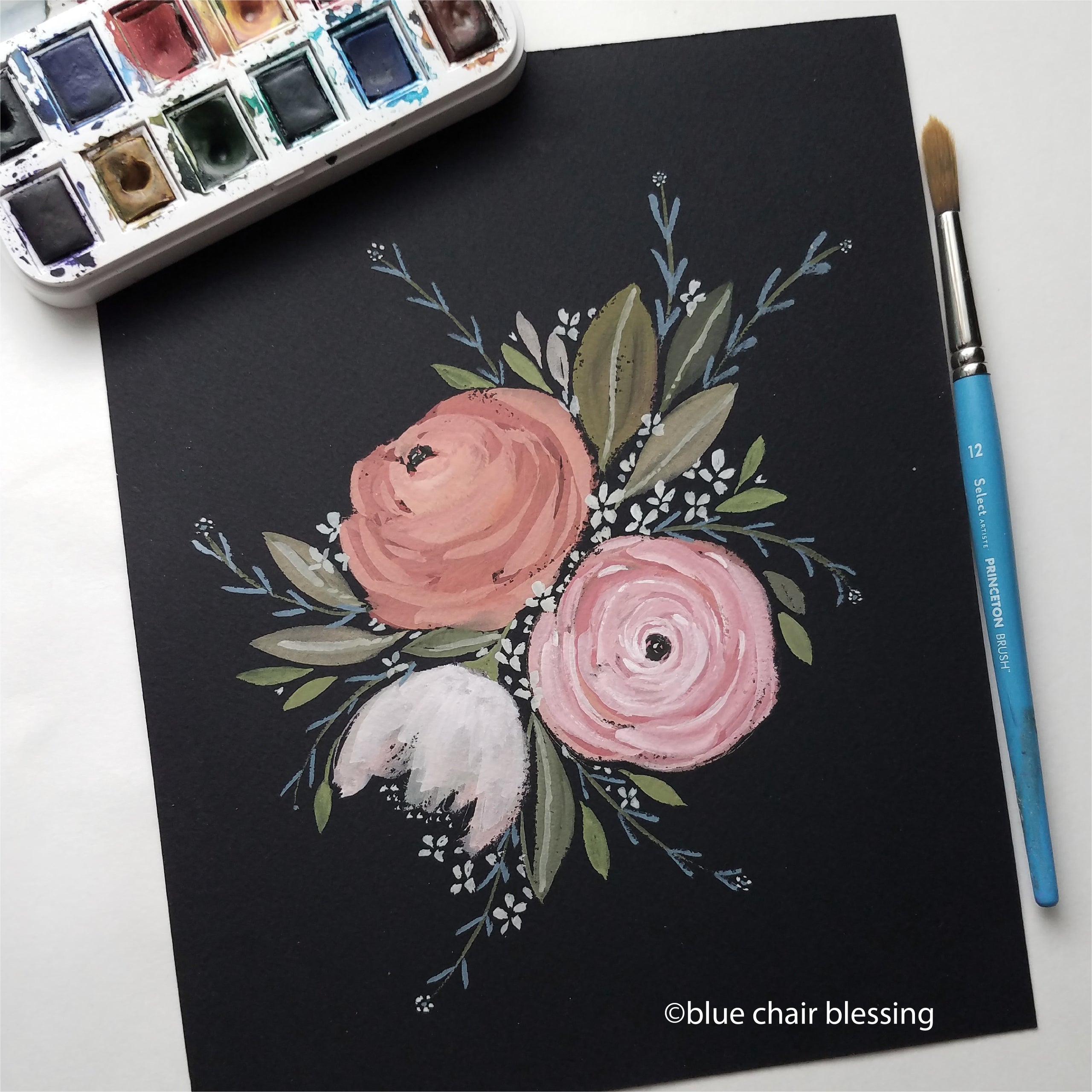 Hand painted original. Guache watercolor on black paper. Size 8 by 10.  Spring blooms. Only 1 available!